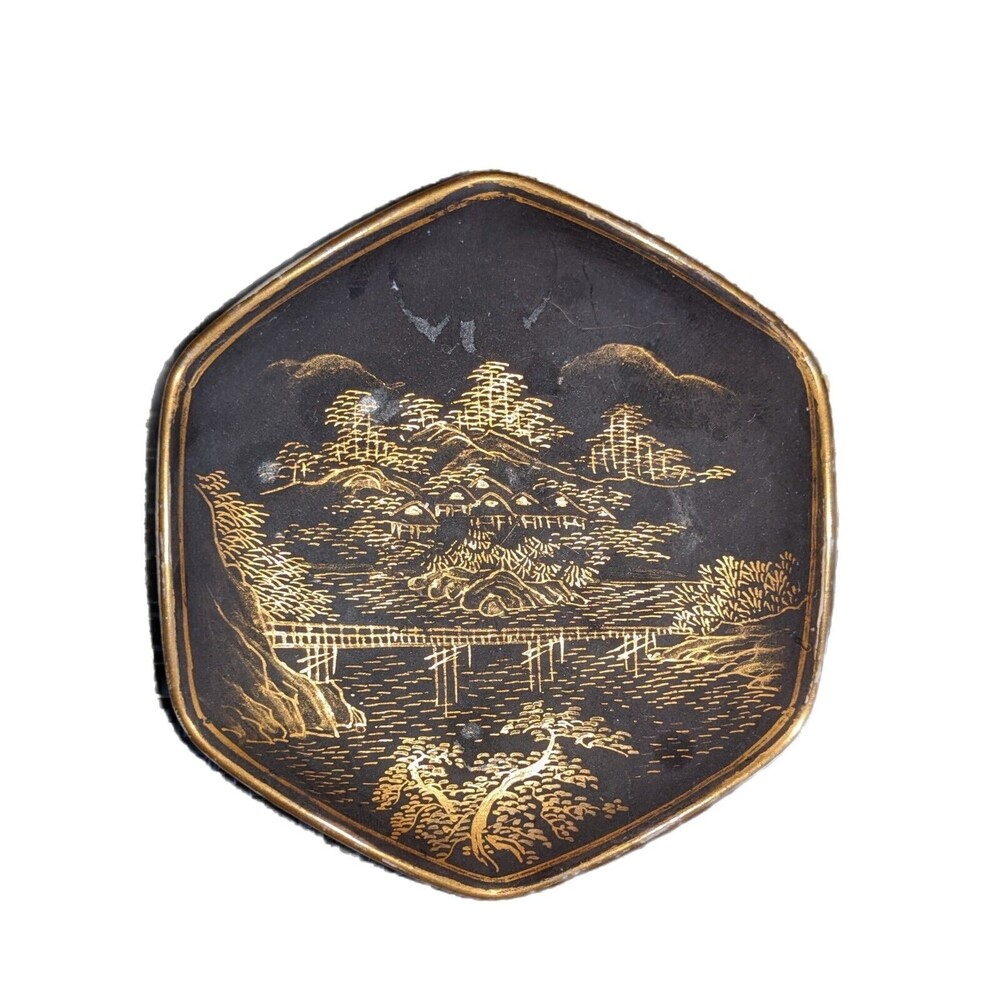 Vintage Japanese Black And Gold Color Dish River Bridge Mountain Intricate